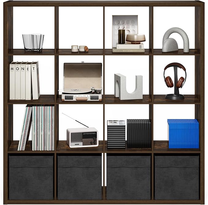 Furinno Cubicle Book Shelf, 16-Cube Thick Frame Bookshelf, Reversible Bookcase with Open Back, 14.6 x 57.8 x 58, for Living Room, Bedroom, Home Office, Amber Pine