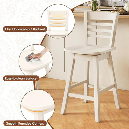 COSTWAY Bar Stools Set of 4, 24.5 Inch Swivel Counter Height Bar Chairs with Hollow Backrest & Contoured Seat, with Footrest for Kitchen Island, Pub, Bistro, Cafe (4, Cream)
