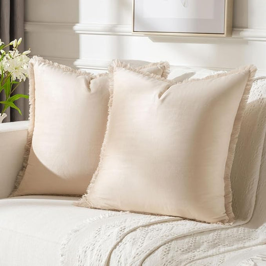 FUTEI Beige Velvet Decorative Throw Pillow Covers 16x16 Set of 2,Soft Cozy Edge with Tassels Cushion Case,Boho Modern Home Decor for Couch Bed Living Room