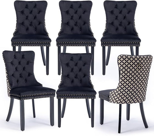 Velvet Upholstered Dining Chairs Set of 6, Modern Style Kitchen Side Chairs with Nailhead Trim and Wood Legs,Metal Pulling Ring for Dining Room Living Room(Quadrangular Star&Black)