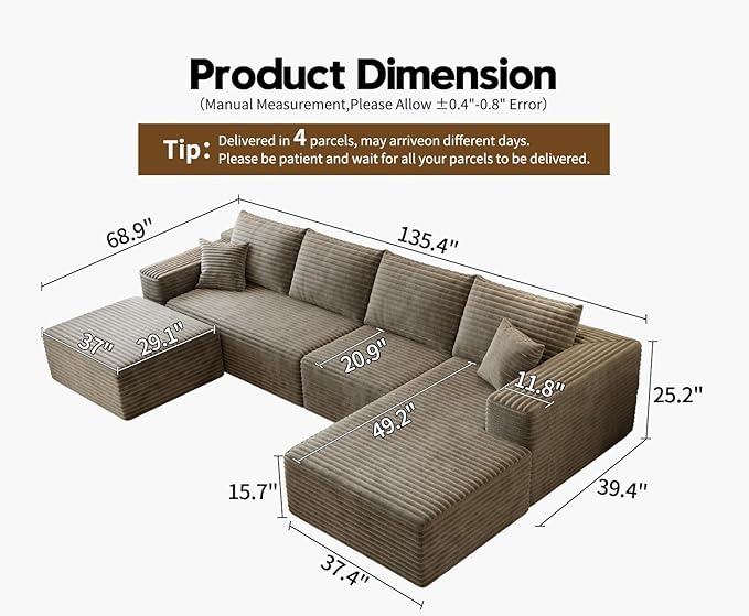 135.4" Cloud Sectional Couch with 1 Ottoman,Modern Modular Sofa with Deep Seat, Comfort U Shaped Sofa Couches for Living Room Bedroom Apartments,No Assembly Required, (Camel,Right Facing Chaise)