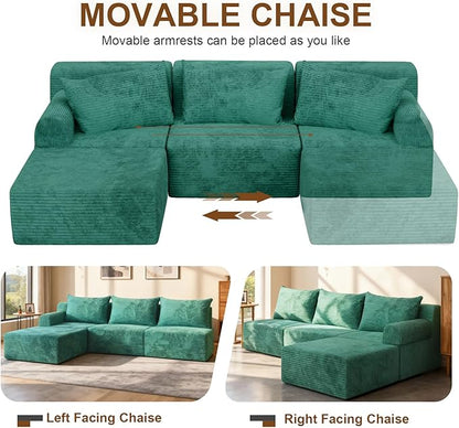 JSLOVE Modular L-Shape Sectional Sofa with Chaise, 3 Seat Movable Boneless Cloud Couch in One Box, Sofa Couch Bed with Ultra-Soft Corduroy Fabric, No Assembly Required for Living Room, Bedroom(Green)