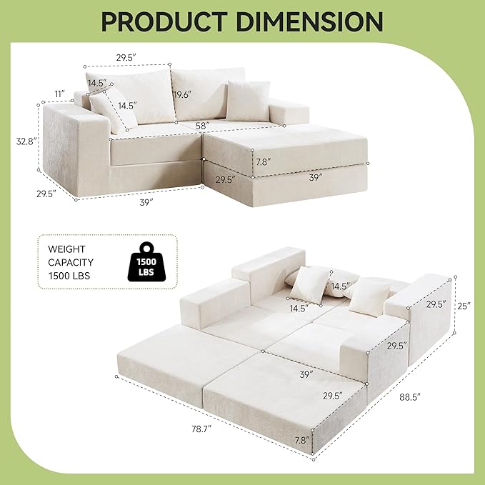 79" Boneless Loveseat Sofa Couch, Modular Foldable Floor Cloud Sofa with Ottoman, Lounge Convertible Sofa Bed for Living Room, No Assembly, Chenille Beige