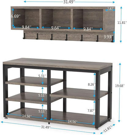 Tribesigns Coat Rack Shoe Bench Set Industrial, Hall Tree with 3 Storage Cubbies, 7 Hooks for Entryway, Hallway, 5-in-1Design, Vintage Grey