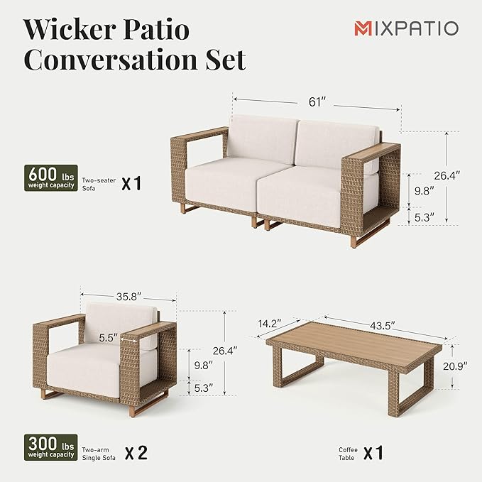 Outdoor Patio Furniture Set, 5 Piece Outdoor Rattan Wicker Sofa Couch, Conversation Sets with 2 Single Sofa, 2 Armchairs and Coffee Table for Deck Backyard Lawn