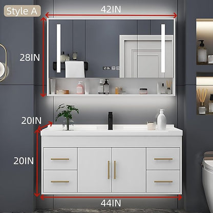 44IN Modern Bathroom Vanity - LED Intelligent Mirror Cabinet Includes Time Display & Defogging | Bathroom Cabinet with Sink & Open Storage Compartments, Ceramic Washbasin, 4 Drawers (Style A)