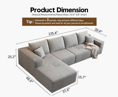 135.4" Cloud Modular Sectional Sofa Couch with L-Shape Chaise,Modern Minimalist Upholstered Couches for Living Room Bedroom,Deep Seat Corner Couch，No Assembly Required (Grey,Left Facing Chaise)