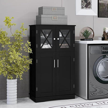 Tangkula Freestanding Floor Cabinet w/2 Glass Doors, 3-Level Adjustable Shelves, Anti-toppling Design, Kitchen Pantry Cupboard for Bathroom, Living Room (Black)