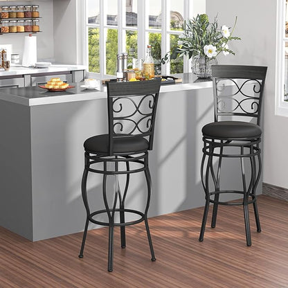 Giantex 30" Swivel Bar Stools Set of 2, Bar Height Bar Stools with Back, Upholstered PU Leather Seat, Footrest, Max Load 330Lbs, Vintage Metal Barstools for Kitchen Island, Dining Room, Pub, Black