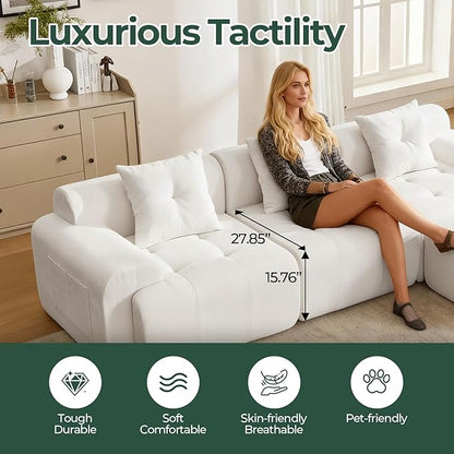 129.23”Modular Sectional Couch for Living Room, Modren L-Shape Cloud Sectional 4-Seater Sofa with Movable Ottoman, Woven Texture Upholstery Boneless Couch, No Assembly, Beige