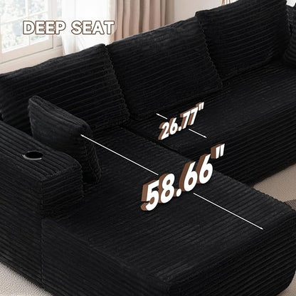 106" Cloud Couch Corduroy Modular Sectional Sofa L-Shape Boneless Couch with Wide Armrests and Cup Holders for Living Room Bedroom, No Assembly Required (Black)