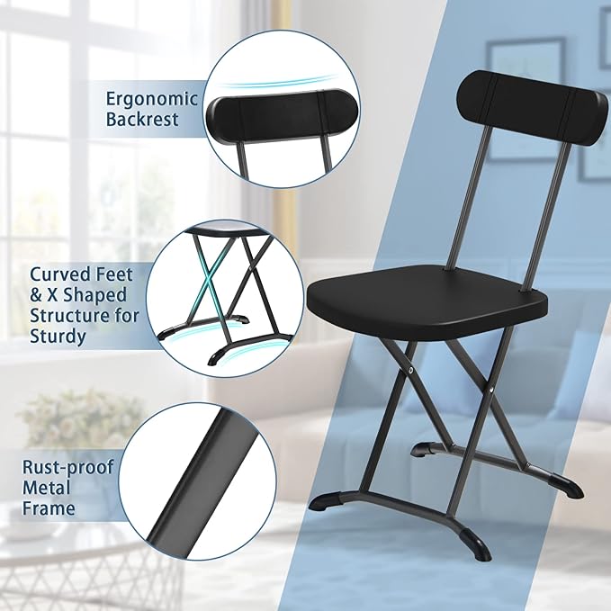 GYMAX Folding Chair, 400lbs Plastic Chairs Set with Steel Frame & Ergonomic Curved Back, Indoor & Outdoor Commercial Event Seat for Meeting, Wedding, Stackable Lightweight Folding Chairs (6, Black)