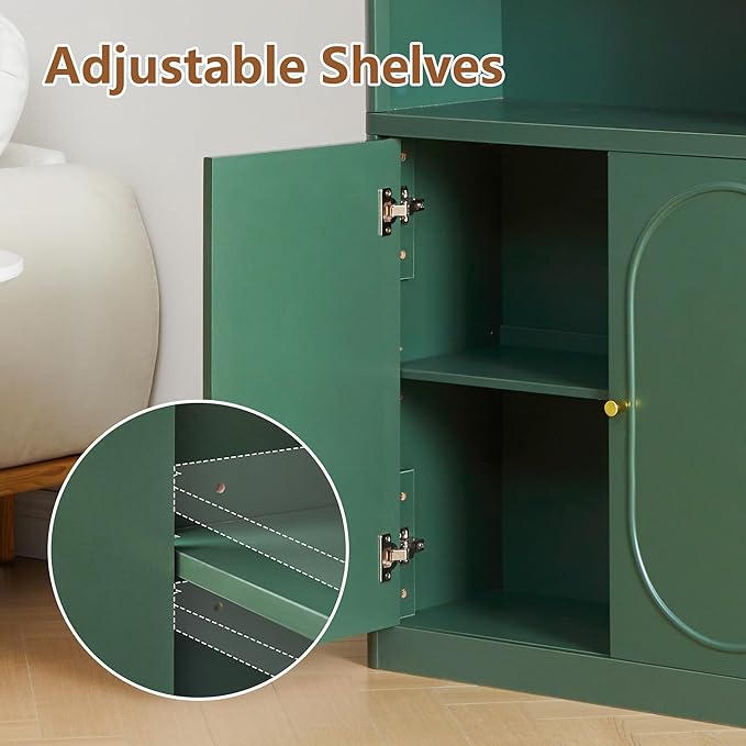 70.8" Tall Fluted Bookshelf with Storage Cabinet Set of 2, Modern 5-Tier Wood Bookcase with Open Display Storage Shelf, Gold Handles for Office Living Room (Green)