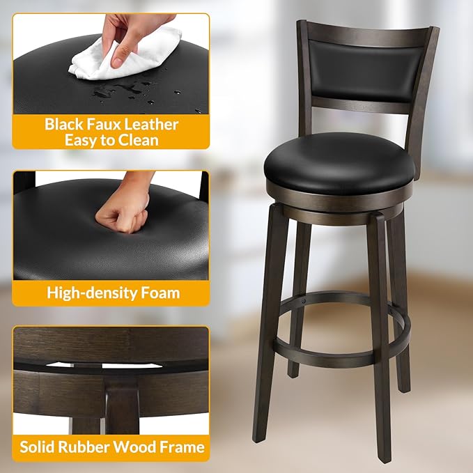 PrimeZone Swivel Bar Stools Set of 6, 32 Inch Tall Bar Height Barstools, Black Faux Leather Bar Stool with High Backrest & Solid Wood Legs & Wrap-Around Footrest, Counter Stools for Pub