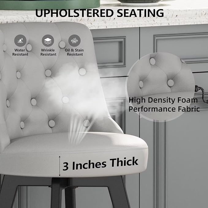 MINCETA Set of 4 Upholstered Bar Stools - 26 Inch Swivel Counter Height Stools with Low Tufted Back, Footrest & Performance Fabric - Round Seat for Kitchen Island & Home Bar Light Gray