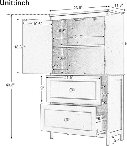 Polibi 43.3" H Storage Cabinet with 2 Doors, 2 Drawers, Adjustable Shelf, Wooden Linen Cabinet for Bathroom, Office, Kitchen, White