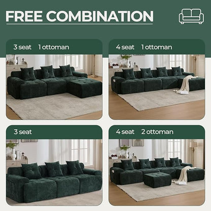 101.65” Modular Sectional Couch for Living Room, 3-Seater Cloud Sofa with Deep Seat, Woven Texture Upholstery Boneless Couch, No Assembly, Green