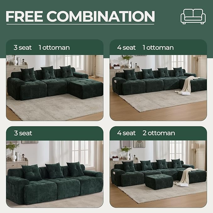 129.23”Modular Sectional Couch for Living Room, Modren L-Shape Cloud Sectional 4-Seater Sofa with 2 Movable Ottomans, Woven Texture Upholstery Boneless Couch, No Assembly, Green