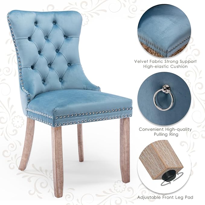 Velvet Upholstered Dining Chairs Set of 6, Modern Style Kitchen Side Chairs with Nailhead Trim and Wood Legs,Metal Pulling Ring for Dining Room Living Room(Sky Blue,Set of 6)