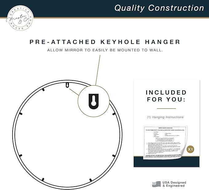 MCS Master & Co. 26in Round Brass Black Mirror, Modern Wall Hanging Large Mirror for Bathroom, Bedroom & Livingroom