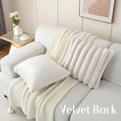 FUTEI Beige Decorative Throw Pillow Covers 20x20 Inch Set of 2, Square Soft Faux Rabbit Fur Thick Striped Cushion Cover,Winter Home Decor for Couch Bed Living Room
