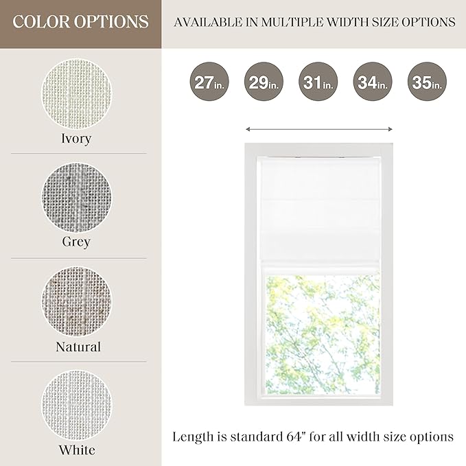 Madison Park Kyler Cordless Roman Shades - Single Panel, Lightweight Linen Blend Fabric, Natural Design, Easy Installation, Light Filtering Window Blind, Bedroom, Living Room Decor 29"W x 64"H White