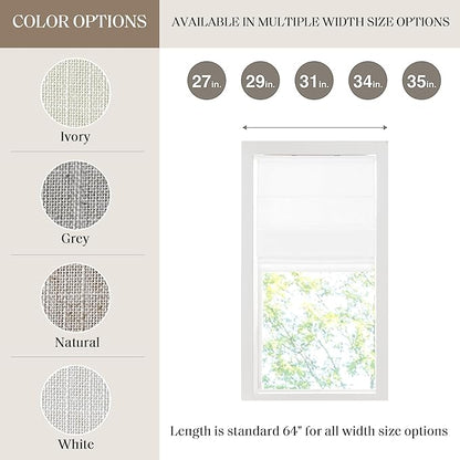 Madison Park Kyler Cordless Roman Shades - Single Panel, Lightweight Linen Blend Fabric, Natural Design, Easy Installation, Light Filtering Window Blind, Bedroom, Living Room Decor 35"W x 64"H White