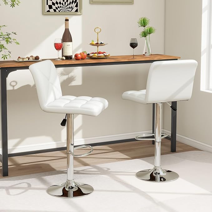 COSTWAY Bar Stools Set of 2, Modern PU Leather Swivel Bar Chairs, Height Adjustable Upholstered Barstools with Premium Gas Rod, Sturdy Footrest, Round Base, for Kitchen, Dining Room, Office,White