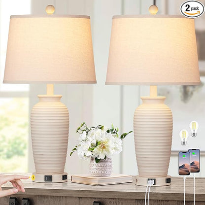 24.3" Farmhouse Jar Table Lamps Set of 2, 3 Way Touch Control Rustic Bedside Lamps with USB A+C Ports & AC Outlet, Pot Nightstand Lamps for Bedroom Living Room (LED Bulbs Included)