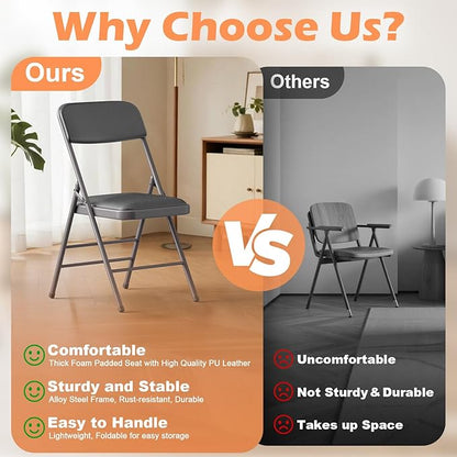 Folding Chairs 4 Pack with Padded Cushion and Back, Metal Folding Chairs with Comfortable Cushion and Durable Steel Frame Capacity for Home, Office, Party and Outdoor Events (PU-Grey, 4 Pack)