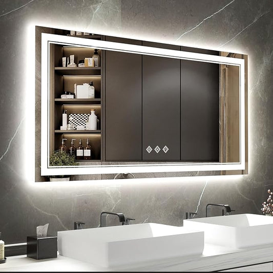 Backlit Bathroom Mirror, 55x30 Inch Gradient Front and Backlit Mirror, 3 Colors Dimmable CRI>90 Double Lights, IP54 Enhanced Anti-Fog, Hanging Plates Wall Mount LED Bathroom Mirror
