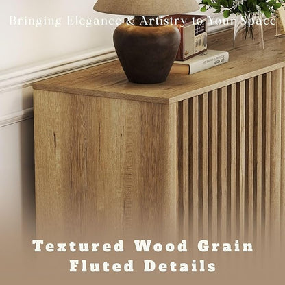 LukeAlon Fluted Sideboard Cabinet with Storage, 70" Farmhouse Boho Accent Buffet Cabinet, Wooden Credenza Cabinets for Living Room Dining Room Entryway Hallway, Natural Wood Color