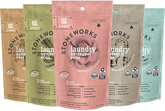 Grab Green Stoneworks Laundry Detergent Pods Sample Kit, 10 Count, Birch Branch, Fragrance Free Rain, Oak Tree, Olive Leaf, Rose Petal Scents, Plant a Tree