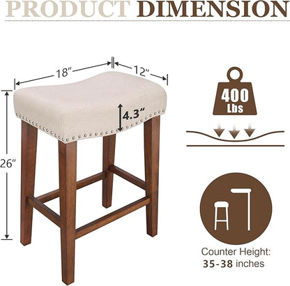PrimeZone Counter Height Bar Stools Set of 2 - Backless Saddle Barstools with 4.3" Thick Upholstered, Nailhead Trim Linen Fabric & Solid Wood Legs, 26 Inch Counter Stools for Kitchen Island, Beige