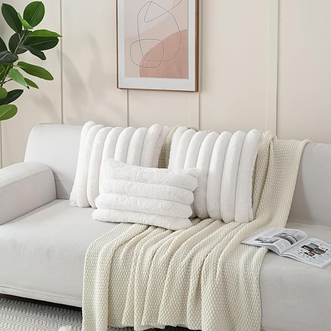 FUTEI Cream White Decorative Throw Pillow Covers 26x26 Inch Set of 2, Square Soft Faux Rabbit Fur Thick Striped Euro Pillow Shams,Winter Home Decor for Couch Bed Living Room