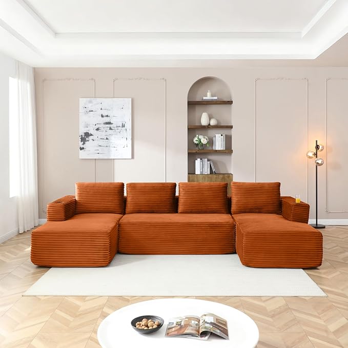 132 Inch Modular Sectional Sleeper Sofa, Boneless Cloud Couch for Living Room, U Shaped 5 Seat Sofa with 2 Cup Holders, Free Combination, No Assembly Required (Orange)