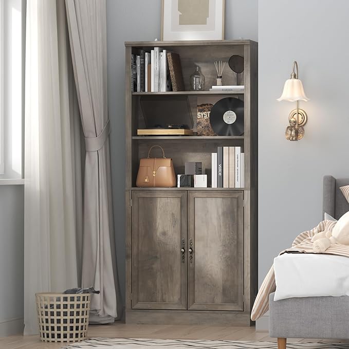 72'' Tall Bookcase with Doors, Adjustable Shelves, P2 MDF Construction, 32'' Wide Freestanding Cabinet with Metal Handles, Hidden Storage for Living Room, Bedroom, Grey
