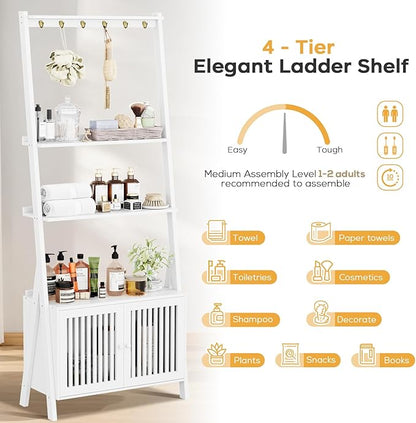 Bookcase with Drawers, 4-Tier Bamboo Bookshelf Ladder Shelf with 6 Hooks, Tall Narrow Retro Book Shelf, 24.8"L x 10.6"W x 59.5"H, Standing Storage Organizer for Living Room, Office, Bedroom, White