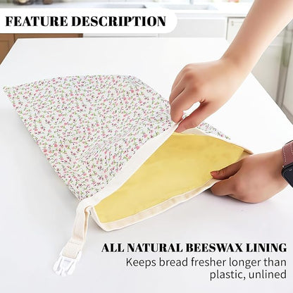 2 Pack Beeswax Bread Bags - 17x13 Inch Reusable Bread Storage Bags,Bees Wax Lined Bread Bags for Home Cooks fresh bread storage Easy Clean (Pink Floral)