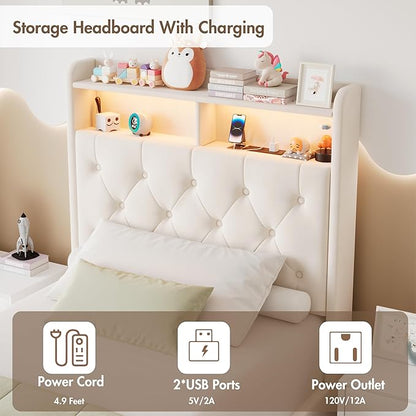 Twin LED Bed Frame with Storage Headboard & Charging Station, Velvet Fabric Platform Bed Frames with 3 Drawers, Button Tufted Upholstered, No Box Spring Needed, Beige