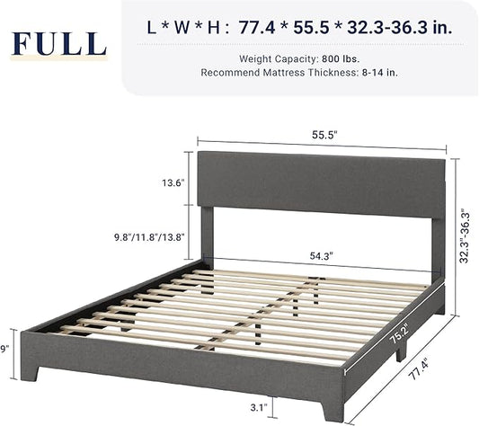 Allewie Full Size Bed Frame with Adjustable Headboard, Upholstered Platform Bed with Wood Slats, Heavy Duty Mattress Foundation, No Box Spring Needed, Noise-Free, Easy Assembly, Dark Grey