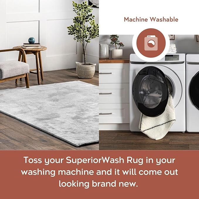 nuLOOM 4' x 6' Cozy Plush SuperiorWash Area Rug, Machine Washable, Non-Slip, Soft Fluffy Shag Carpet for Living Room Bedroom Kids Room Nursery Home Decor, Loni Light Grey