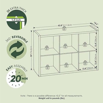 Furinno Cubicle Book Shelf, 6-Cube Thick Frame Bookshelf, Horizontally & Vertically Reversible Bookcase with Open Back, 14.6" x 43.8" x 30", for Living Room, Bedroom, Home Office, Sage Green