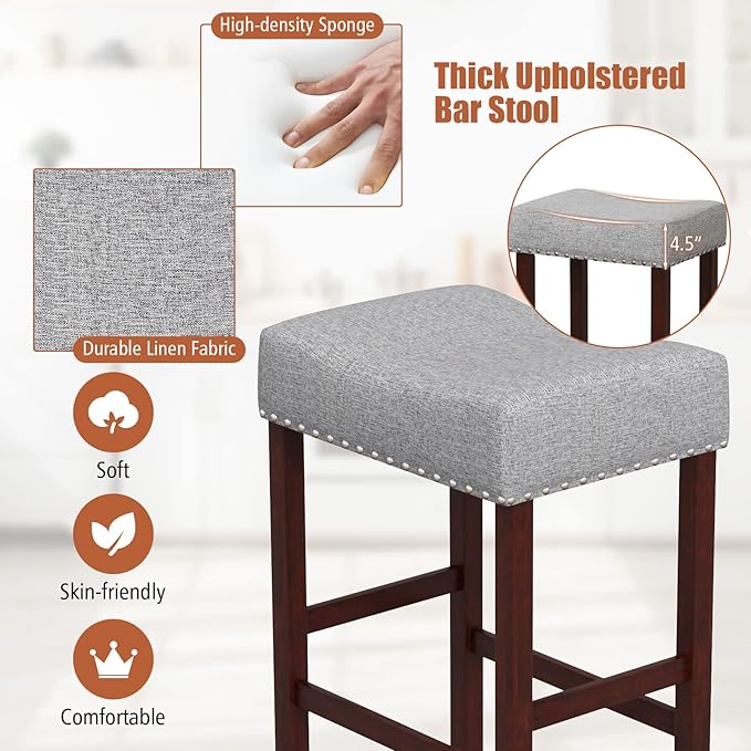 COSTWAY Counter Height Bar Stools Set of 2, 29.5-inch Backless Saddle Stools with Nailhead Trim, Rubber Wood Frame, Footrest, Max Load 330 Lbs, Upholstered Barstools for Kitchen Island Pub, Grey