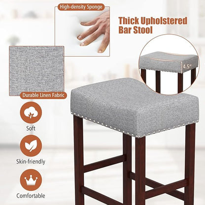 COSTWAY Counter Height Bar Stools Set of 4, 29.5-inch Backless Saddle Stools with Nailhead Trim, Rubber Wood Frame, Footrest, Max Load 330 Lbs, Upholstered Barstools for Kitchen Island Pub, Grey