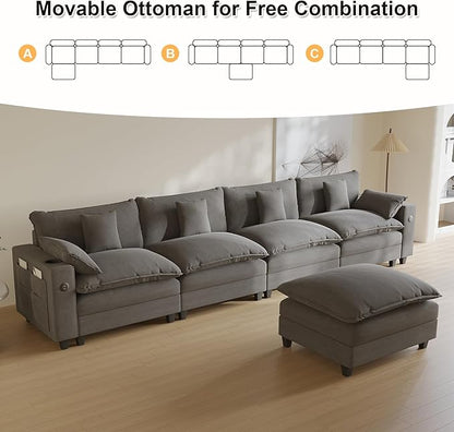Modular Sectional Sofa, Cloud Couch with Ottoman, Charging Station, Throw Pillows, Cup Holders, Modern Convertible L Shaped Couches for Living Room, Bedroom (Grey, 152"- L Shape)