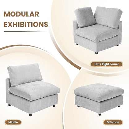 WJShome Modern Sectional Sofa 134 Inch 4-Seater Cloud Couch with Chenille Deep Seat Couches for Living Room, Bedroom and Apartment，Gray