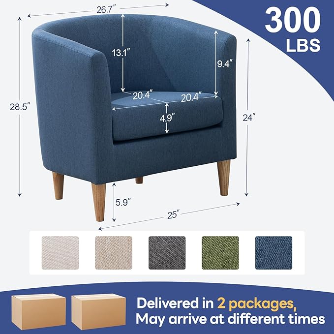 Accent Barrel Chairs Set of 2, Modern Comfy Living Room Chairs with Armrest Small Reading Chair with Cozy Soft Padded for Bedroom Reception Room Cafe, Blue