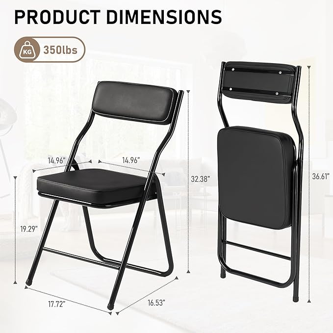 4 Pack Padded Folding Chairs with Cushion, Foldable Dining Chair Set Portable Indoor Outdoor Stackable Folding Chairs with Steel Frame for Home Office Events Wedding Party Black