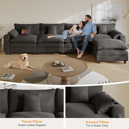 Cloud Couch, Modular Sectional Sofa with Ottoman, Charging Station, Throw Pillows, Cup Holders, Modern Convertible L Shaped Couches for Living Room, Bedroom (Classic Black, 152"- L Shape)